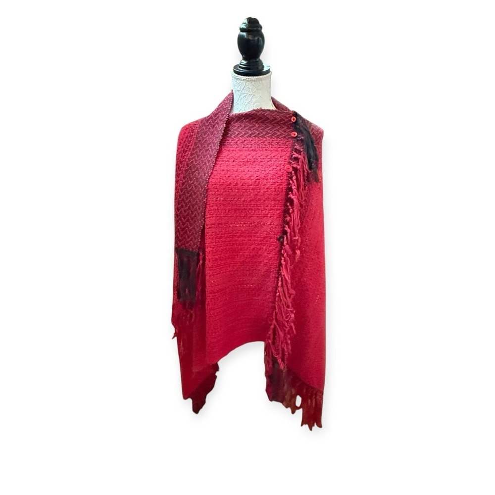 Women's Red Fringe Coverup Shawl Western Chic Artisanal Vibrant Earth Hue OSFA